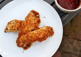 pretzel crusted chicken tenders with curry ketchup