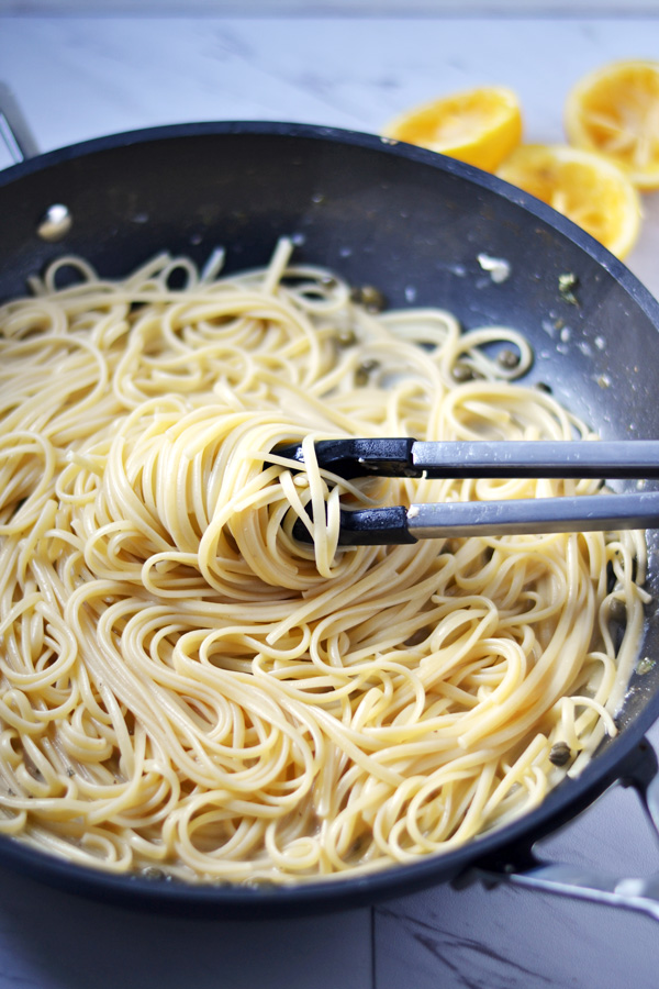 Sauced linguine noodles.