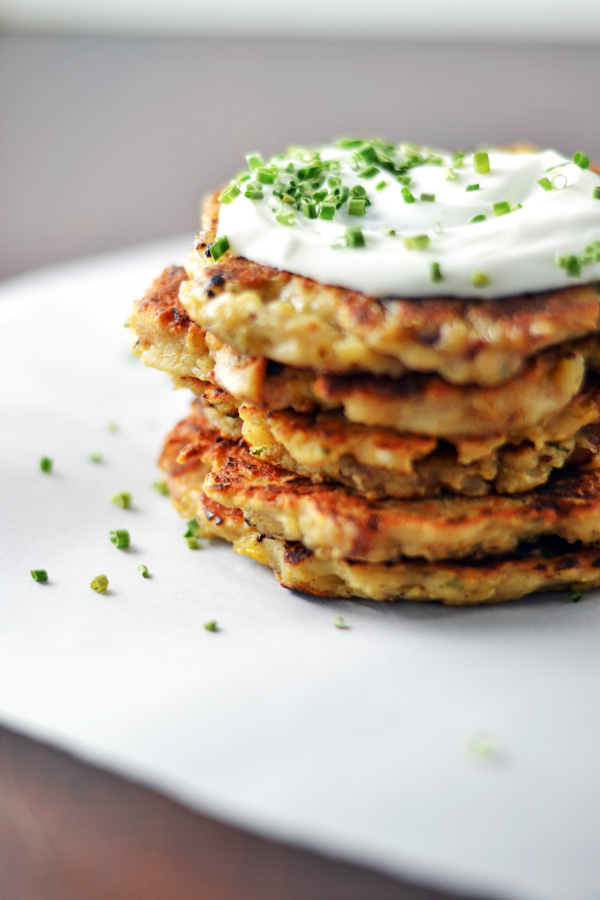 Side view of Mashed Potato Bacon Pancakes.