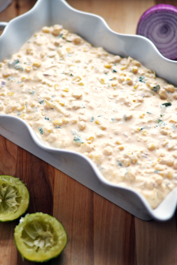 Combined Hot Mexican Corn Dip ready for baking.