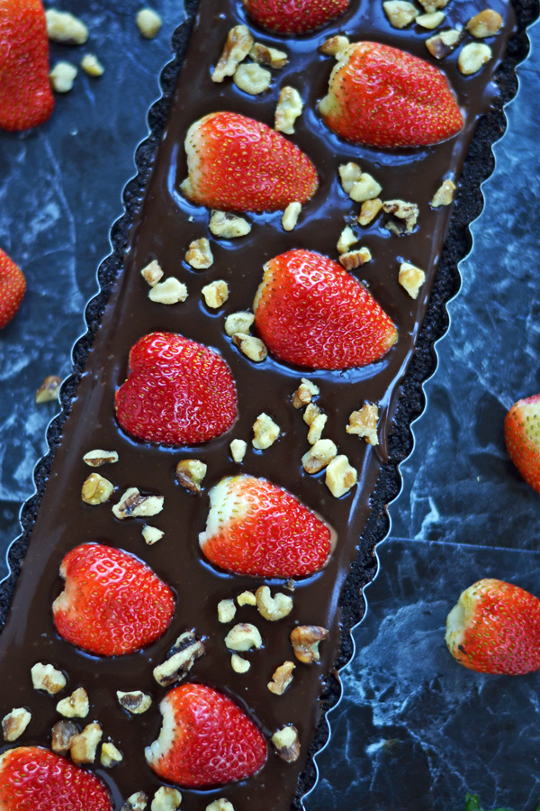 Close up shot of No Bake Strawberry Chocolate Tart