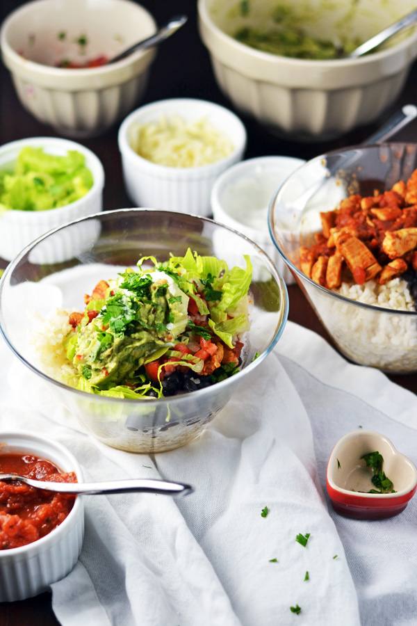 Chicken Burrito Bowls with all the toppings.